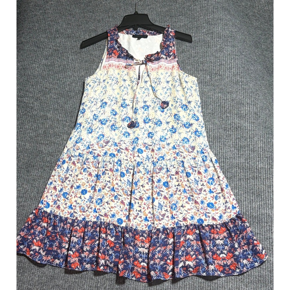 Sanctuary Womens S Floral Tiered Ruffle Mini Dress Boho Cottage Blue Red Cream
